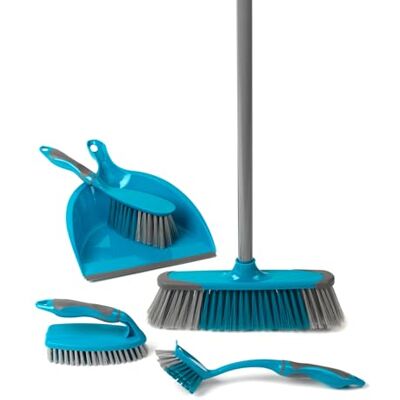 Beldray LA024152TQEU Deluxe reinigingsset met 5 accessoires, set schep en bezem, schuurborstel en afwasborstel, bezem is ideaal voor dierenharen, turquoise Beldray LA024152TQEU Deluxe reinigingsset met 5 accessoires, set schep en bezem, schuurborstel en afwasborstel, bezem is ideaal voor dierenharen, turquoise