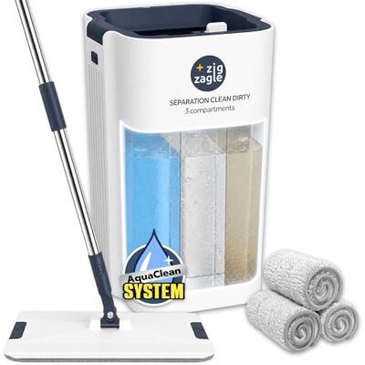 zig zagle Set emmer en dweil, Pure Water System, scheiding van schoon en vuil water: ultra hygiënisch, eenvoudige reiniging, compact, platte bezem, microvezelmop, zelfreinigend, centrifugemmer zig zagle Set emmer en dweil, Pure Water System, scheiding van schoon en vuil water: ultra hygiënisch, eenvoudige reiniging, compact, platte bezem, microvezelmop, zelfreinigend, centrifugemmer