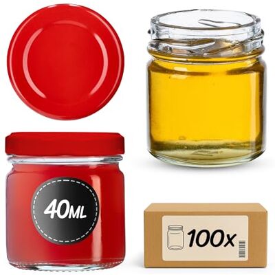KADAX Set van 100 mini-weckpotten, 40 ml, met schroefdeksel, diameter 43 mm, kruidenpotjes, reageerpotten, jampotten, honingpotten, kleine honingpotjes (100 stuks, rode deksel) KADAX Set van 100 mini-weckpotten, 40 ml, met schroefdeksel, diameter 43 mm, kruidenpotjes, reageerpotten, jampotten, honingpotten, kleine honingpotjes (100 stuks, rode deksel)
