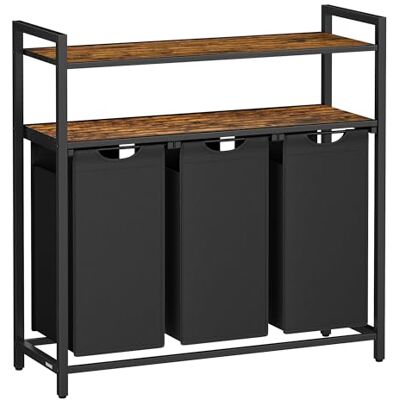 VASAGLE Wasmand, vuile wasmand, opslag met 3 vakken, 3 afneembare zakken van Oxford-stof, 2 planken, metalen frame, 40 l voor elke tas, rustiek bruin en zwart BLH213B01 VASAGLE Wasmand, vuile wasmand, opslag met 3 vakken, 3 afneembare zakken van Oxford-stof, 2 planken, metalen frame, 40 l voor elke tas, rustiek bruin en zwart BLH213B01