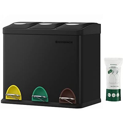SONGMICS LTB24BK Afvalemmer voor keuken, afvalscheiding, 3 x 8 l, klein volume, met deksel, drievoudige afvalemmer van staal voor kleine gezinnen, pedalen en emmers, gemakkelijk te reinigen, zwart SONGMICS LTB24BK Afvalemmer voor keuken, afvalscheiding, 3 x 8 l, klein volume, met deksel, drievoudige afvalemmer van staal voor kleine gezinnen, pedalen en emmers, gemakkelijk te reinigen, zwart
