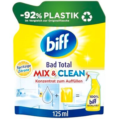 Biff Bad Total Mix & Clean Badkamerreiniger met sprankelende citroen (125 ml), badkamerreiniger tegen kalk en vuil, concentraat om te vullen met 92% minder kunststof, Biff Bad Total Mix & Clean Badkamerreiniger met sprankelende citroen (125 ml), badkamerreiniger tegen kalk en vuil, concentraat om te vullen met 92% minder kunststof,