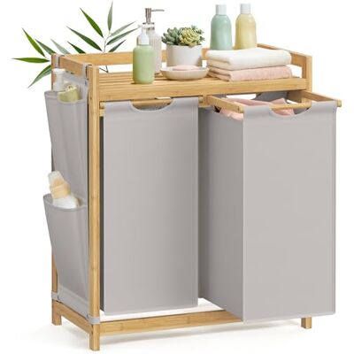SONGMICS Wasmand met 2 vakken, wasmand van bamboe, inhoud 100 l, met plank, zijvakken, 2 x 50 l, 63 x 33 x 78 cm, duifgrijs, RLH100G02 SONGMICS Wasmand met 2 vakken, wasmand van bamboe, inhoud 100 l, met plank, zijvakken, 2 x 50 l, 63 x 33 x 78 cm, duifgrijs, RLH100G02