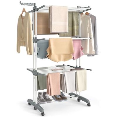 SONGMICS Droogrek, beweegbaar droogrek met 4 niveaus, met wieltjes, opvouwbaar, 63,5 x 125,5 x 173 cm, grote capaciteit, voor binnen en buiten, wolkenwit en duifsteengrijs LLR703WZ02 SONGMICS Droogrek, beweegbaar droogrek met 4 niveaus, met wieltjes, opvouwbaar, 63,5 x 125,5 x 173 cm, grote capaciteit, voor binnen en buiten, wolkenwit en duifsteengrijs LLR703WZ02