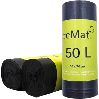 reMat Vuilniszakken 50 l, van 100% gerecycled materiaal voor consumenten (PCR), 45 zakken, geurloos, ideaal voor restafval reMat Vuilniszakken 50 l, van 100% gerecycled materiaal voor consumenten (PCR), 45 zakken, geurloos, ideaal voor restafval