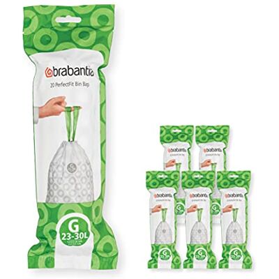 Brabantia PerfectFit Multipack vuilniszakken (code G/23-30 liter), zeer robuust, intrekbare handgrepen, 6 rollen (120 zakken), 138423, wit Brabantia PerfectFit Multipack vuilniszakken (code G/23-30 liter), zeer robuust, intrekbare handgrepen, 6 rollen (120 zakken), 138423, wit