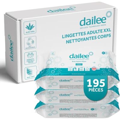 Dailee Vochtige doekjes voor volwassenen – 195 reinigingsdoekjes XXL – lichaamshygiëne en intieme hygiëne – groot, zacht, magnetron verwarmbaar en biologisch afbreekbaar – 3 verpakkingen van 65 stuks Dailee Vochtige doekjes voor volwassenen – 195 reinigingsdoekjes XXL – lichaamshygiëne en intieme hygiëne – groot, zacht, magnetron verwarmbaar en biologisch afbreekbaar – 3 verpakkingen van 65 stuks