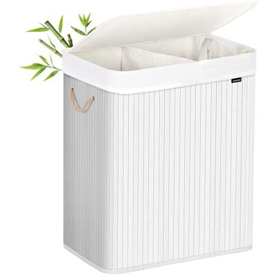 SONGMICS LCB64WT Wasmand met deksel, wasmand van bamboe, 2 sorteervakken, uitneembare zak, handgrepen van katoen, volume van 100 l, voor bijkeuken, slaapkamer, wit SONGMICS LCB64WT Wasmand met deksel, wasmand van bamboe, 2 sorteervakken, uitneembare zak, handgrepen van katoen, volume van 100 l, voor bijkeuken, slaapkamer, wit