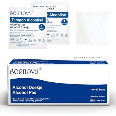 BORNOVA 1000 stuks – alc tampons geïmpregneerd – doekje 3 x 6 cm voor het reinigen van huid en voorwerpen – eenmalig gebruik – BORNOVA 1000 stuks – alc tampons geïmpregneerd – doekje 3 x 6 cm voor het reinigen van huid en voorwerpen – eenmalig gebruik –