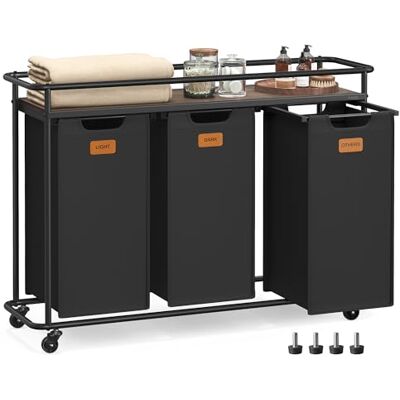 VASAGLE Wasmand met wielen, wasmand 3 vakken, 150 l, wassorteerder met plank, waswagen, afneembare zakken, 6 etiketten, wasruimte, inktzwart/asbruin BLH103BH01 VASAGLE Wasmand met wielen, wasmand 3 vakken, 150 l, wassorteerder met plank, waswagen, afneembare zakken, 6 etiketten, wasruimte, inktzwart/asbruin BLH103BH01