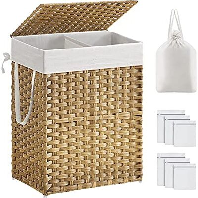 SONGMICS Wasmand met deksel, mand 90 l, 2 vakken, afneembare zakken, handgrepen, handgevlochten, voor slaapkamer, bijkeuken, badkamer, 33 x 46 x 60 cm, houtkleur LCB251N01V1 SONGMICS Wasmand met deksel, mand 90 l, 2 vakken, afneembare zakken, handgrepen, handgevlochten, voor slaapkamer, bijkeuken, badkamer, 33 x 46 x 60 cm, houtkleur LCB251N01V1