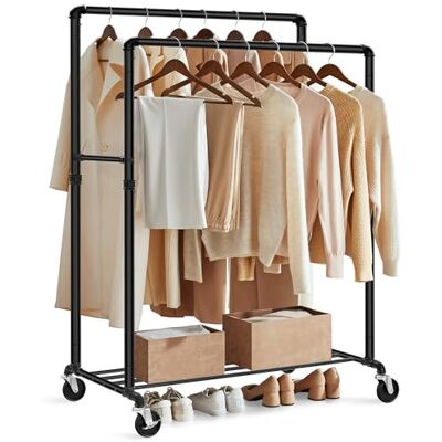 SONGMICS Kledingstang met 2 gordijnroedes en rolrek. Belastbaarheid: 110 kg Industrieel design slaapkamer kleedkamer zwart HSR60B SONGMICS Kledingstang met 2 gordijnroedes en rolrek. Belastbaarheid: 110 kg Industrieel design slaapkamer kleedkamer zwart HSR60B