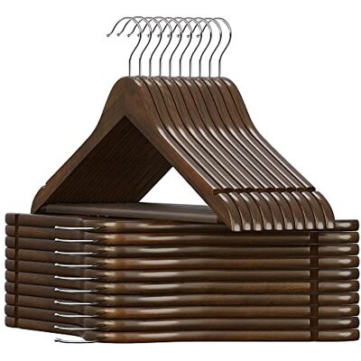 SONGMICS Houten kleerhangers, 20 stuks, met antislip inkepingen, antislipstang voor broeken, haken 360 graden draaibaar, voor pakken, overhemden, mantels, bruin en zilver, CRW02V20 SONGMICS Houten kleerhangers, 20 stuks, met antislip inkepingen, antislipstang voor broeken, haken 360 graden draaibaar, voor pakken, overhemden, mantels, bruin en zilver, CRW02V20