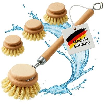 FEINHOLZ Set van 4 houten afwasborstels, verwisselbare kop, natuurlijke borstelharen, Made in Germany, 3 reservekoppen FEINHOLZ Set van 4 houten afwasborstels, verwisselbare kop, natuurlijke borstelharen, Made in Germany, 3 reservekoppen
