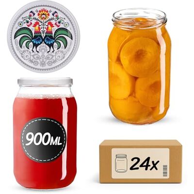 KADAX Set van 24 grote weckpotjes, 900 ml, met schroefdeksel, diameter 82 mm, komkommers, haan KADAX Set van 24 grote weckpotjes, 900 ml, met schroefdeksel, diameter 82 mm, komkommers, haan