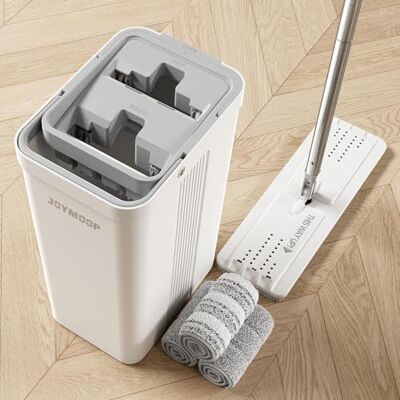 JOYMOOP Dweil en emmer met wringer voor thuis, platte mop en emmersysteem, mop voor vloer- en wandreiniging, met 3 herbruikbare microvezel-dweilpads JOYMOOP Dweil en emmer met wringer voor thuis, platte mop en emmersysteem, mop voor vloer- en wandreiniging, met 3 herbruikbare microvezel-dweilpads
