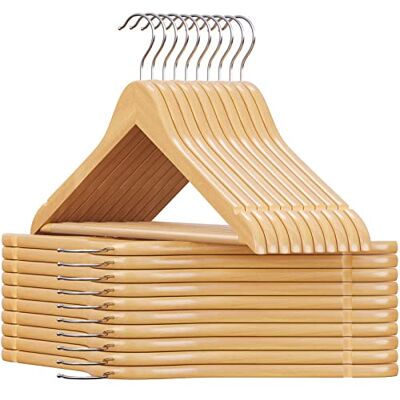 SONGMICS CRW001-20, Houten kleerhangers, 20 stuks, met antislip inkepingen, antislipstang voor broeken, haken 360° draaibaar, voor pakken, overhemden, jassen, houtkleuren en zilver SONGMICS CRW001-20, Houten kleerhangers, 20 stuks, met antislip inkepingen, antislipstang voor broeken, haken 360° draaibaar, voor pakken, overhemden, jassen, houtkleuren en zilver
