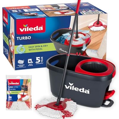 Vileda Easy Wring & Clean TURBO complete set set speciale roterende emmer mop 2 microvezelkoppen inbegrepen, 3 stuks (pak of 1) Vileda Easy Wring & Clean TURBO complete set set speciale roterende emmer mop 2 microvezelkoppen inbegrepen, 3 stuks (pak of 1)