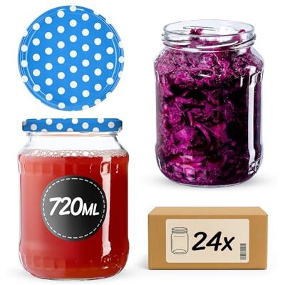 KADAX 24 stuks 720 ml voorraadpotten met schroefdeksel fi82 mm, grote schroefpotten met deksel, voorraadpotten voor komkommers, voorraadpotten (blauw gestippeld) KADAX 24 stuks 720 ml voorraadpotten met schroefdeksel fi82 mm, grote schroefpotten met deksel, voorraadpotten voor komkommers, voorraadpotten (blauw gestippeld)