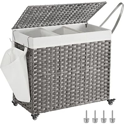 SONGMICS wasmand met deksel, 160 l, gevlochten vuile wasmand, met wieltjes, 3 vakken, afneembare binnenzak, voor bijkeuken, slaapkamer, 70 x 36 x 66 cm, grijs LCB365G01 SONGMICS wasmand met deksel, 160 l, gevlochten vuile wasmand, met wieltjes, 3 vakken, afneembare binnenzak, voor bijkeuken, slaapkamer, 70 x 36 x 66 cm, grijs LCB365G01