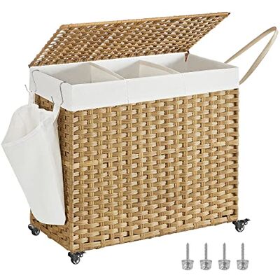 SONGMICS wasmand met deksel, 160 l, gevlochten vuile wasmand, met wieltjes, 3 vakken, afneembare binnenzak, voor bijkeuken, slaapkamer, 70 x 36 x 66 cm, houtkleur LCB365N01 SONGMICS wasmand met deksel, 160 l, gevlochten vuile wasmand, met wieltjes, 3 vakken, afneembare binnenzak, voor bijkeuken, slaapkamer, 70 x 36 x 66 cm, houtkleur LCB365N01