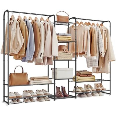 SONGMICS Kledingrek, kledingrek met stang en planken, metalen kapstok, matzwart LGR463B01 SONGMICS Kledingrek, kledingrek met stang en planken, metalen kapstok, matzwart LGR463B01