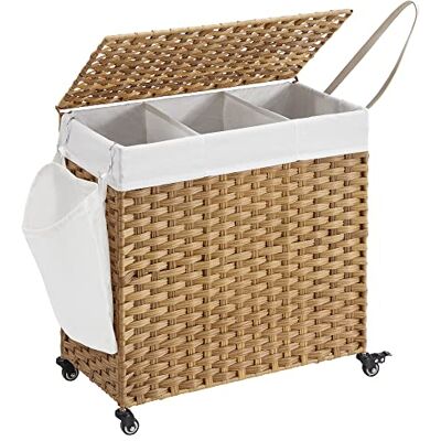 SONGMICS handgeweven wasmand, 140 l, rotanlook, 3-delig, afneembare tas, deksel, handgrepen, eenvoudige montage, woonkamer, badkamer, 66 x 33 x 60 cm, houtkleur LCB363N01 SONGMICS handgeweven wasmand, 140 l, rotanlook, 3-delig, afneembare tas, deksel, handgrepen, eenvoudige montage, woonkamer, badkamer, 66 x 33 x 60 cm, houtkleur LCB363N01