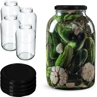 KADAX 4 stuks weckpotten 4 liter, lengte 100 mm, voor komkommer, kombucha, kimchi, inmaakpotten, weckpotten, brede opening KADAX 4 stuks weckpotten 4 liter, lengte 100 mm, voor komkommer, kombucha, kimchi, inmaakpotten, weckpotten, brede opening