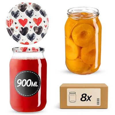 KADAX Set van 8 grote weckpotjes, 900 ml, met schroefdeksel, diameter 82 mm, voor komkommers, inmaakpotten, hartjes KADAX Set van 8 grote weckpotjes, 900 ml, met schroefdeksel, diameter 82 mm, voor komkommers, inmaakpotten, hartjes
