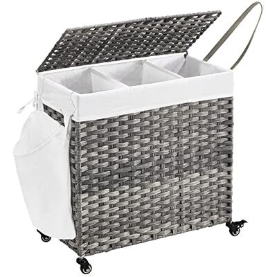 SONGMICS wasmand met deksel, 140 l, gevlochten vuile wasmand, met wieltjes, 3 vakken, afneembare binnenzak, voor bijkeuken, slaapkamer, 66 x 33 x 66 cm, grijs LCB363G01 SONGMICS wasmand met deksel, 140 l, gevlochten vuile wasmand, met wieltjes, 3 vakken, afneembare binnenzak, voor bijkeuken, slaapkamer, 66 x 33 x 66 cm, grijs LCB363G01