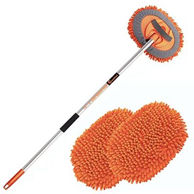 GreatCool Autowasborstel, 160 cm, lange steel, 2-in-1, oranje, microvezel chenille, washandschoen, reinigingsborstel voor auto, camper, camper, 2 dweilkoppen GreatCool Autowasborstel, 160 cm, lange steel, 2-in-1, oranje, microvezel chenille, washandschoen, reinigingsborstel voor auto, camper, camper, 2 dweilkoppen