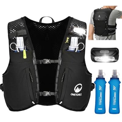 ONETOALL Hardloopvest voor dames en heren met ledlicht en flessen Anti-terugslag, verstelbaar, zichtbaar, 10 zakken, licht, ademend, voor wandelen, trail, marathon, fietsen, skiën ONETOALL Hardloopvest voor dames en heren met ledlicht en flessen Anti-terugslag, verstelbaar, zichtbaar, 10 zakken, licht, ademend, voor wandelen, trail, marathon, fietsen, skiën
