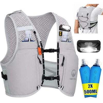 ONETOALL Hardloopvest voor dames en heren met ledlicht en flessen Anti-terugslag, verstelbaar, zichtbaar, 10 zakken, licht, ademend, voor wandelen, trail, marathon, fietsen, skiën ONETOALL Hardloopvest voor dames en heren met ledlicht en flessen Anti-terugslag, verstelbaar, zichtbaar, 10 zakken, licht, ademend, voor wandelen, trail, marathon, fietsen, skiën