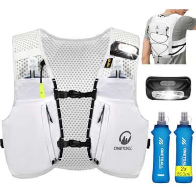ONETOALL Hardloopvest voor dames en heren met ledlicht en flessen Anti-terugslag, verstelbaar, zichtbaar, 10 zakken, licht, ademend, voor wandelen, trail, marathon, fietsen, skiën ONETOALL Hardloopvest voor dames en heren met ledlicht en flessen Anti-terugslag, verstelbaar, zichtbaar, 10 zakken, licht, ademend, voor wandelen, trail, marathon, fietsen, skiën