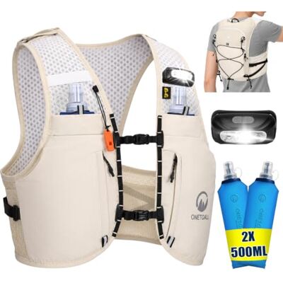 ONETOALL Hardloopvest voor dames en heren met ledlicht en flessen Anti-terugslag, verstelbaar, zichtbaar, 10 zakken, licht, ademend, voor wandelen, trail, marathon, fietsen, skiën ONETOALL Hardloopvest voor dames en heren met ledlicht en flessen Anti-terugslag, verstelbaar, zichtbaar, 10 zakken, licht, ademend, voor wandelen, trail, marathon, fietsen, skiën