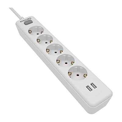 Philips SPN3052WA/10 5-voudig Schuko-stopcontact 2 USB 2.4A aan/uit-schakelaar, 1,5 meter gevlochten netsnoer (hoge weerstand), wit Philips SPN3052WA/10 5-voudig Schuko-stopcontact 2 USB 2.4A aan/uit-schakelaar, 1,5 meter gevlochten netsnoer (hoge weerstand), wit