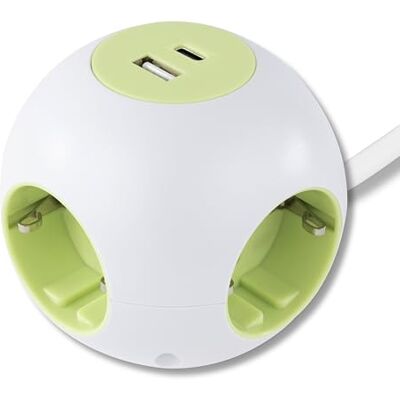REV PowerGlobe 4-voudige stekkerdoos kubus met 2 USB-poorten (type A & C), 1,4 m kabel, 3500 W, groen REV PowerGlobe 4-voudige stekkerdoos kubus met 2 USB-poorten (type A & C), 1,4 m kabel, 3500 W, groen