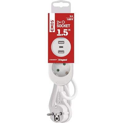 EMOS Stekkerdoos met USB, 2 stopcontacten en 3 USB-poorten, 1,5 m verlengkabel, 2 USB-A-poorten + 1 USB-C-poort, laadstroom max. 3,4 A, verhoogde aanraakbeveiliging, IP20 voor gebruik binnenshuis EMOS Stekkerdoos met USB, 2 stopcontacten en 3 USB-poorten, 1,5 m verlengkabel, 2 USB-A-poorten + 1 USB-C-poort, laadstroom max. 3,4 A, verhoogde aanraakbeveiliging, IP20 voor gebruik binnenshuis