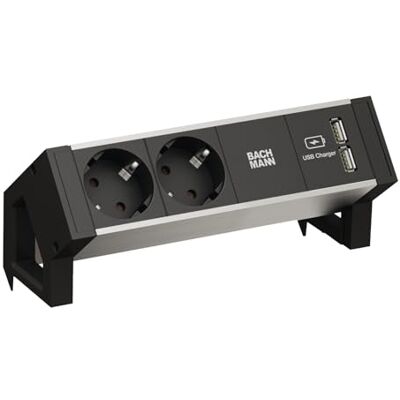 Bachmann Desk2 Alu Black 2 x geaard contact 1 x USB-oplader Bachmann Desk2 Alu Black 2 x geaard contact 1 x USB-oplader