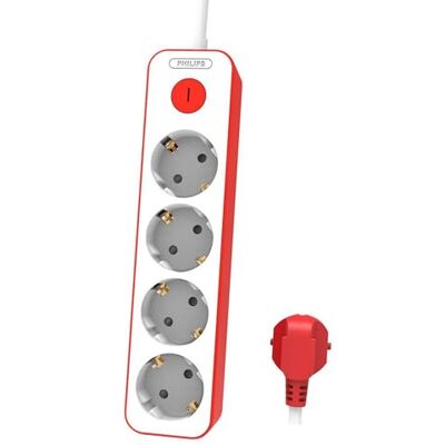 Philips CHP2145R 4-voudige stekkerdoos, stroomblokkering, 1500 W, 1,5 m gevlochten stroomkabel, hoge sterkte, veiligheidssluiting (LED Prot-indicator), wit/rood Philips CHP2145R 4-voudige stekkerdoos, stroomblokkering, 1500 W, 1,5 m gevlochten stroomkabel, hoge sterkte, veiligheidssluiting (LED Prot-indicator), wit/rood