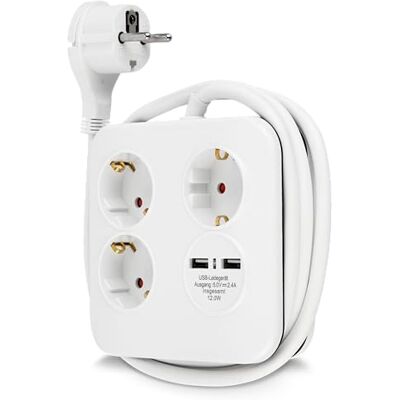REV Powerquad Stekkerdoos, 3 stopcontacten, met 2 USB-poorten, wit, 140 cm, max. 3680 W REV Powerquad Stekkerdoos, 3 stopcontacten, met 2 USB-poorten, wit, 140 cm, max. 3680 W