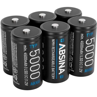 ABSINA LR 14 stuks 5000 oplaadbare babybatterijen met 1,2 V en min. 4500 NiMH C oplaadbare batterijen met lage zelfontlading, C-batterijen LR14, 6 stuks ABSINA LR 14 stuks 5000 oplaadbare babybatterijen met 1,2 V en min. 4500 NiMH C oplaadbare batterijen met lage zelfontlading, C-batterijen LR14, 6 stuks