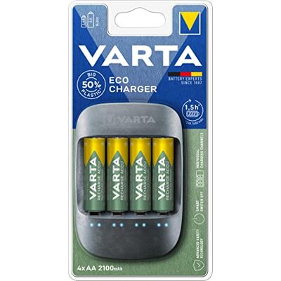 Varta Eco oplader (geschikt voor 4 AA/AAA-batterijen), bio-kunststof behuizing met 50% – kan afzonderlijk worden opgeladen – incl. 4 x 2100 mAh batterijen AA Varta Eco oplader (geschikt voor 4 AA/AAA-batterijen), bio-kunststof behuizing met 50% – kan afzonderlijk worden opgeladen – incl. 4 x 2100 mAh batterijen AA