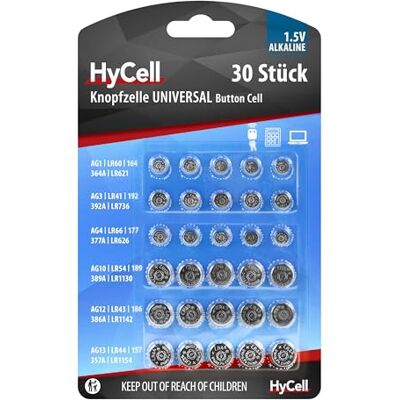 Ansmann HyCell Voordeelset van 30 alkaline knoopcelbatterijen / 5 x voor elk type R621, LR736, LR626, LR1130, 386A. LR1154. Ideaal voor autosleutels, TAN-apparaten, speelgoed, horloges enz. Ansmann HyCell Voordeelset van 30 alkaline knoopcelbatterijen / 5 x voor elk type R621, LR736, LR626, LR1130, 386A. LR1154. Ideaal voor autosleutels, TAN-apparaten, speelgoed, horloges enz.