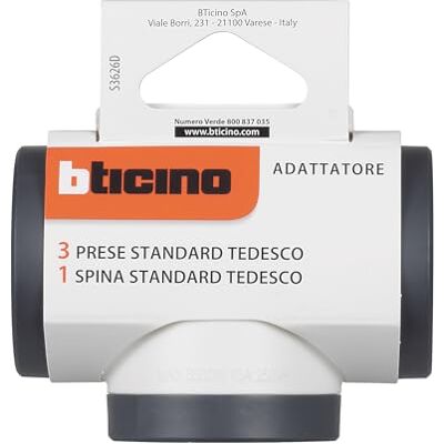 Bticino S3626D adapter, 3 Duitse standaard Schuko-stopcontacten, 16 A grote stekker, 3-zijdig meervoudig stopcontact, vermogen tot 3500 W, veelzijdige multi-adapter, ruimtebesparend, matte afwerking Bticino S3626D adapter, 3 Duitse standaard Schuko-stopcontacten, 16 A grote stekker, 3-zijdig meervoudig stopcontact, vermogen tot 3500 W, veelzijdige multi-adapter, ruimtebesparend, matte afwerking