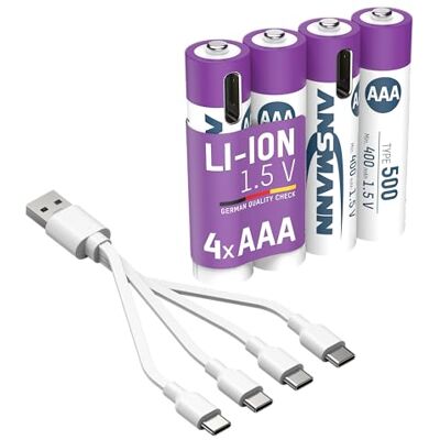 Ansmann 4 stuks micro-AAA Li-ion batterijen met USB type C-aansluiting, oplaadbaar via USB-C, hoog vermogen van 1,5 V en 500 mAh/geschikt voor afstandsbediening, controller, lampen, speelgoed, radio's Ansmann 4 stuks micro-AAA Li-ion batterijen met USB type C-aansluiting, oplaadbaar via USB-C, hoog vermogen van 1,5 V en 500 mAh/geschikt voor afstandsbediening, controller, lampen, speelgoed, radio's
