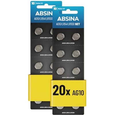 ABSINA AG10 LR1130 alkaline knoopcel 1,5 V, lekvrij en duurzaam 20 stuks knoopcellen LR54 / V10GA / RW49 / G10A / 189 / GP189 / L1130 / 89A ABSINA AG10 LR1130 alkaline knoopcel 1,5 V, lekvrij en duurzaam 20 stuks knoopcellen LR54 / V10GA / RW49 / G10A / 189 / GP189 / L1130 / 89A