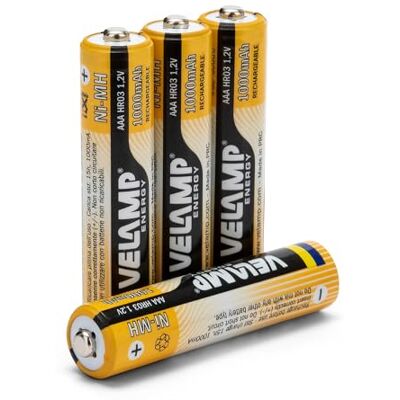 Velamp Oplaadbare batterijen HR03/4BP Mini Stilo AAA hoge capaciteit 1,2 V 1000 mAh, Ni-MH-technologie, ca. 1000 keer oplaadbaar, 4 stuks Velamp Oplaadbare batterijen HR03/4BP Mini Stilo AAA hoge capaciteit 1,2 V 1000 mAh, Ni-MH-technologie, ca. 1000 keer oplaadbaar, 4 stuks