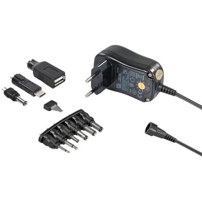 Maxtrack Gestabiliseerde schakelende voeding met 7 uitgangsspanningsniveaus, 1000 mA, USB type A & C, 1,8 m kabel, verschillende DC-stopcontacten, voeding met adapterstekker, incl Maxtrack Gestabiliseerde schakelende voeding met 7 uitgangsspanningsniveaus, 1000 mA, USB type A & C, 1,8 m kabel, verschillende DC-stopcontacten, voeding met adapterstekker, incl