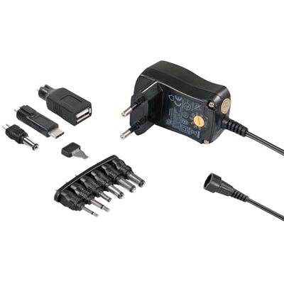 Maxtrack Gestabiliseerde schakelende voeding met 7 uitgangsspanningsniveaus, 600 mA, USB type A & C, 1,8 m kabel, verschillende DC-stopcontacten, voeding met adapterstekker, inclusief Maxtrack Gestabiliseerde schakelende voeding met 7 uitgangsspanningsniveaus, 600 mA, USB type A & C, 1,8 m kabel, verschillende DC-stopcontacten, voeding met adapterstekker, inclusief